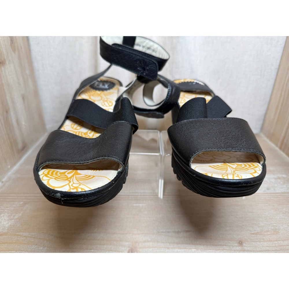 Fly London Yala Black Leather Wedge Sandals Platform Ankle Strap Womens 40 - Picture 4 of 11